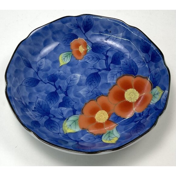 VTG 5.5" Cobalt Blue Orange Ceramic Peony TRINKET DISH Saucer Japan Pier 1 EUC - Picture 1 of 3